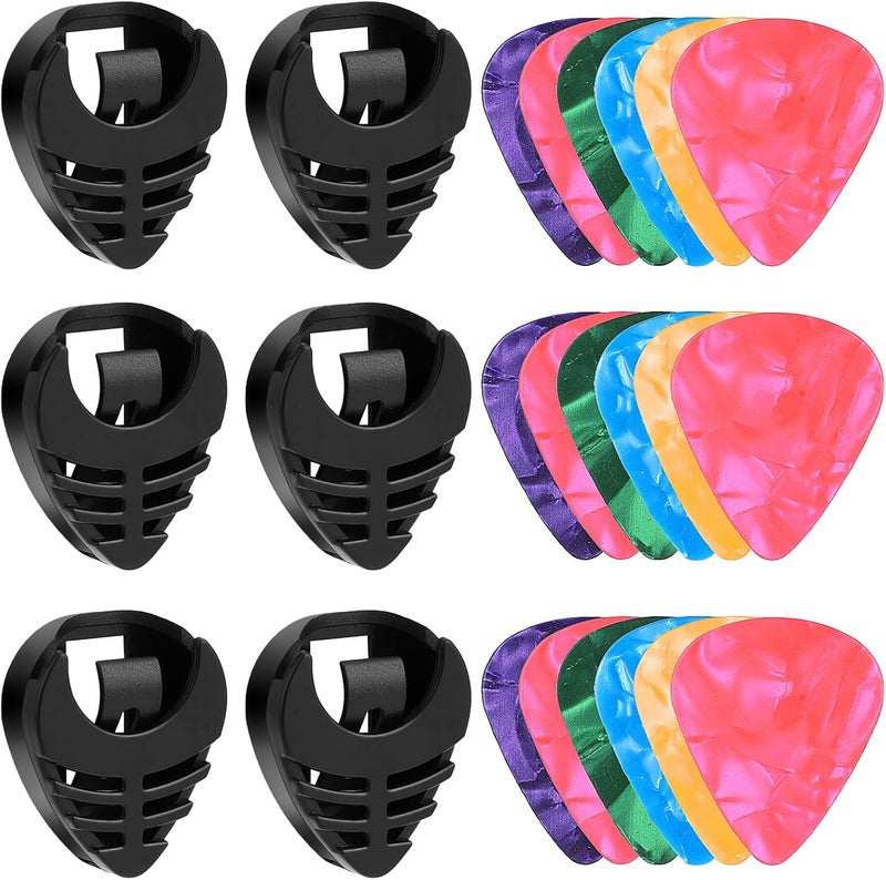 Styquenzer 24pcs Guitar Picks with Holder, Stick-on Pick Holder for Electric, Acoustic & Classical Guitars, Bass & Ukulele, 6 Pick Holders, 18 Picks, Black, Plastic - Image 1